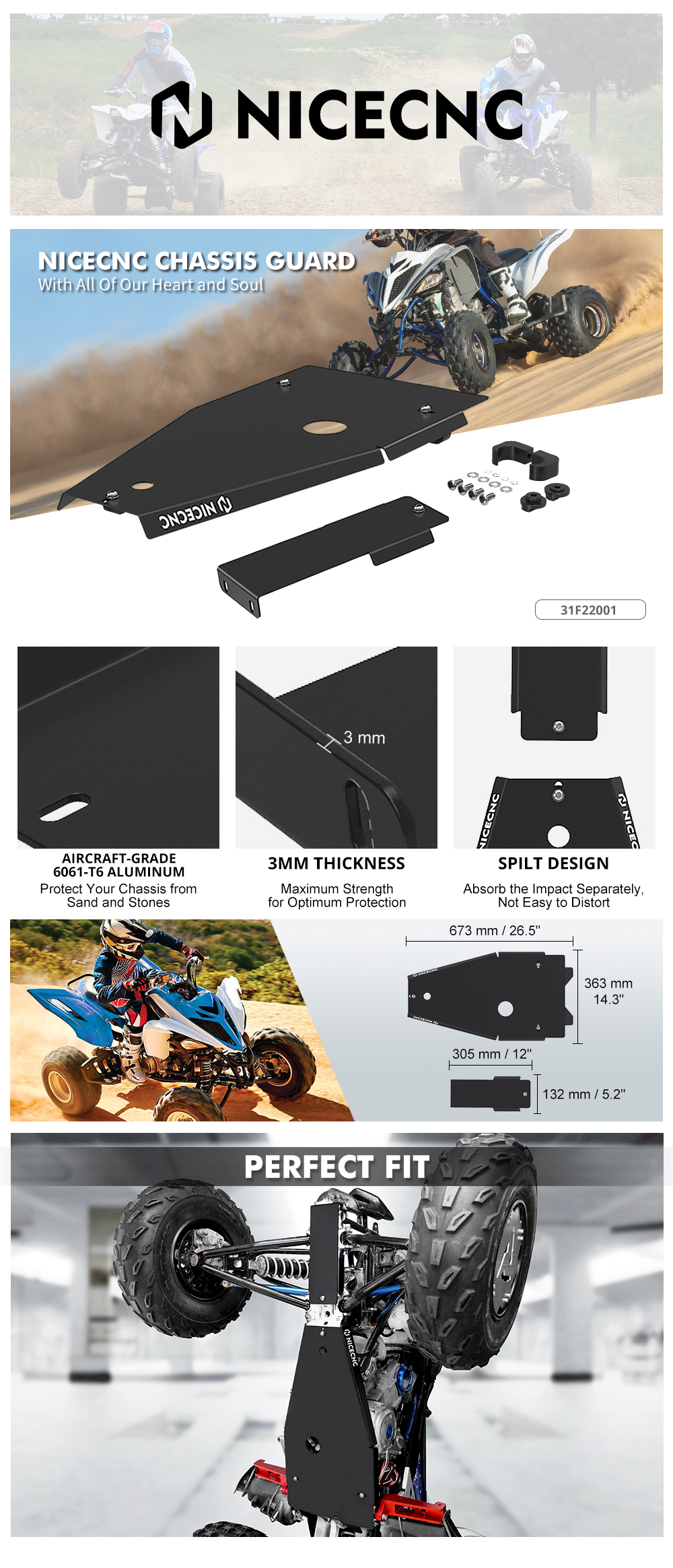 ミ For Yamaha Raptor 700 YFM700R Full Chassis Glide Skid Plate