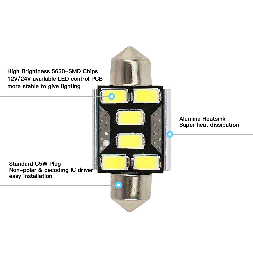 2Pcs CANBUS 36MM LED Festoon Bulbs 3020 SMD White Car Reading Lamp Dome Light